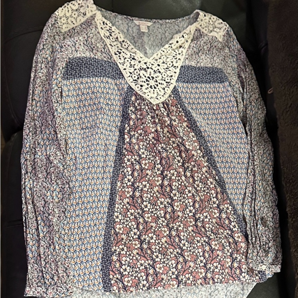 ESPRIT Cottagecore Blue & White Floral Print Crochet Detail Tunic Top Size 8